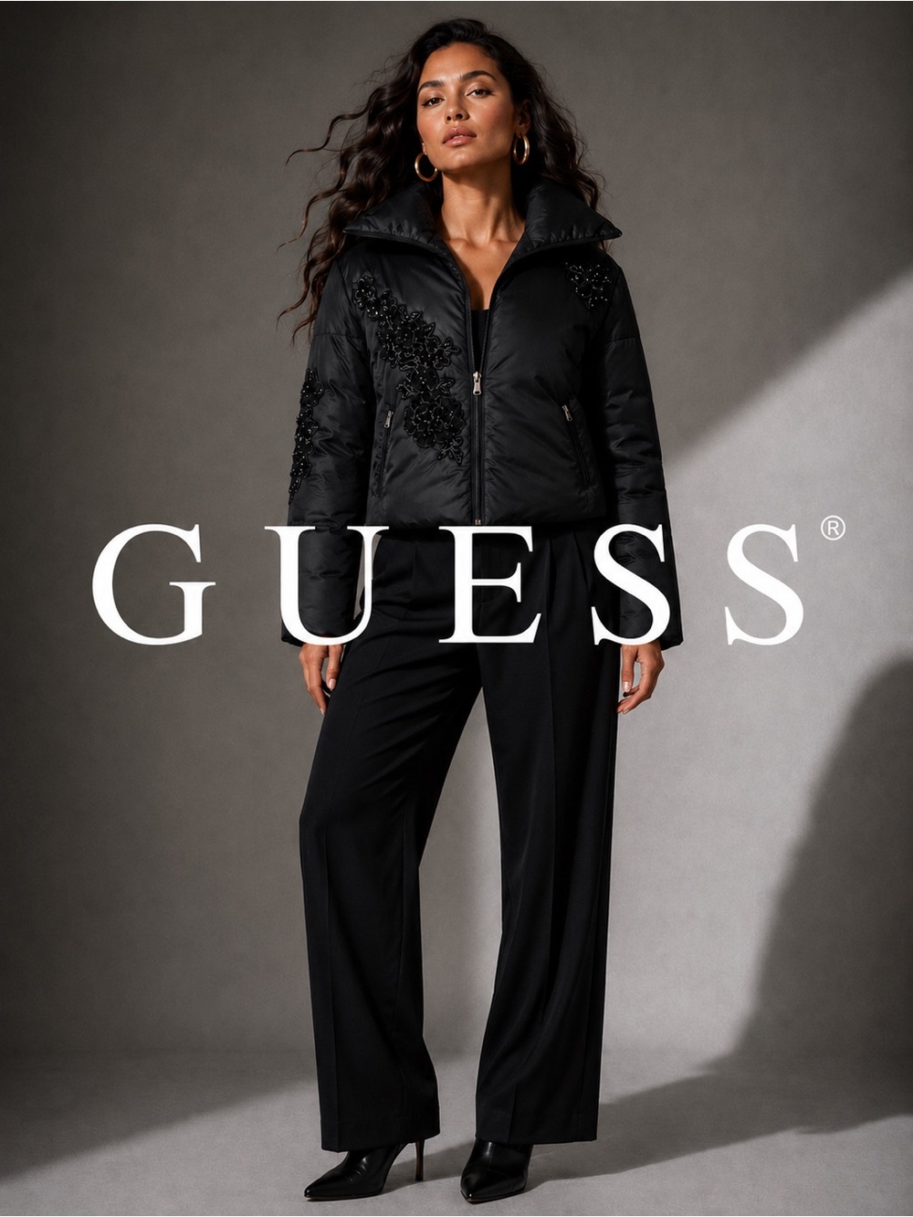 GUESS Y2K Black Puffer Jacket Medium Floral Appliqué Velvet Embroidery